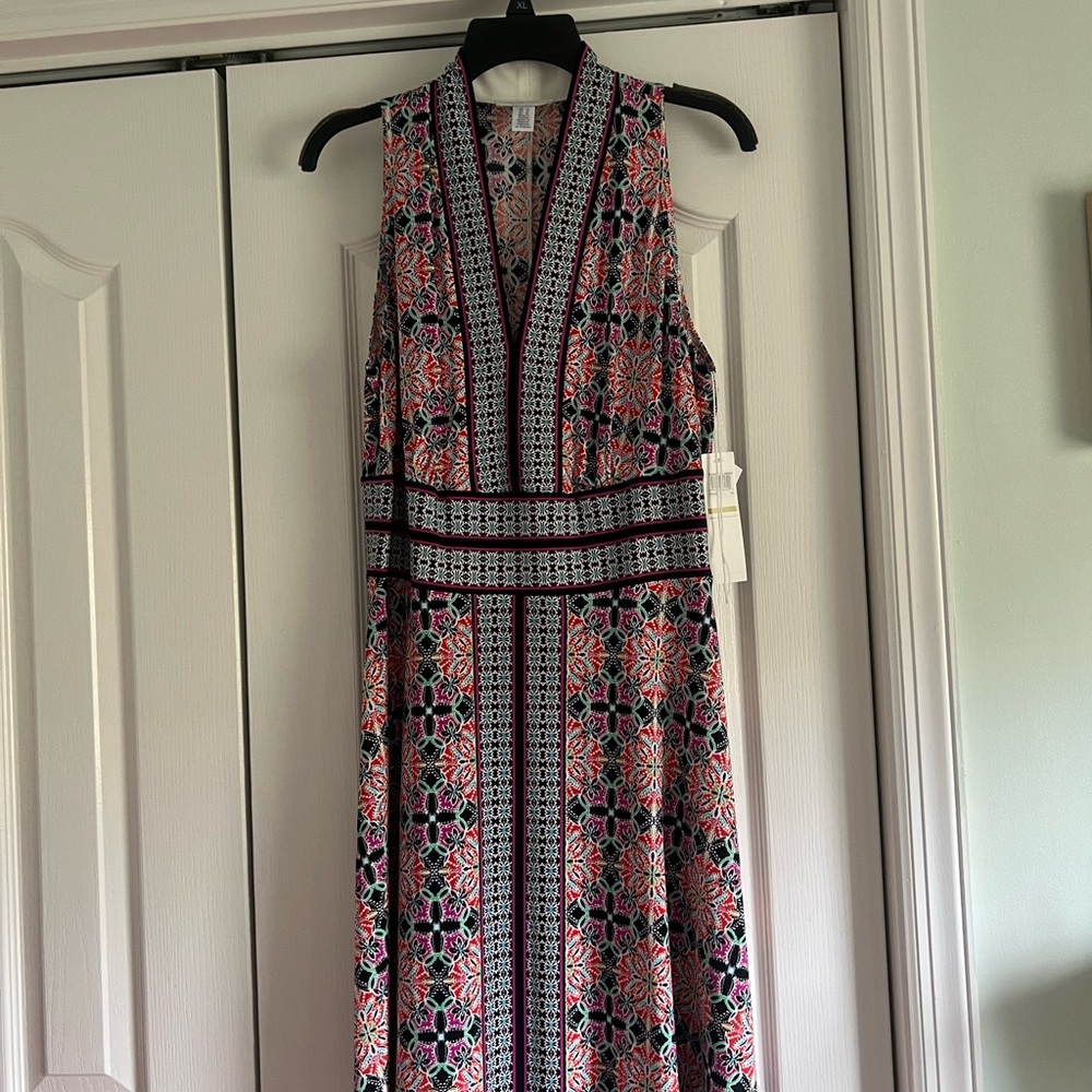 London Times Pink and Blue Sleeveless V-Neck Maxi Sundress